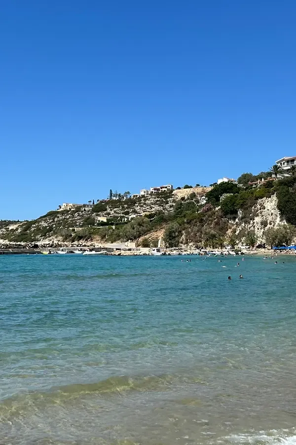 Coastal views of Almyrida, featuring deep blue Ionian Sea and dramatic rocky formations on the Cretan coast.